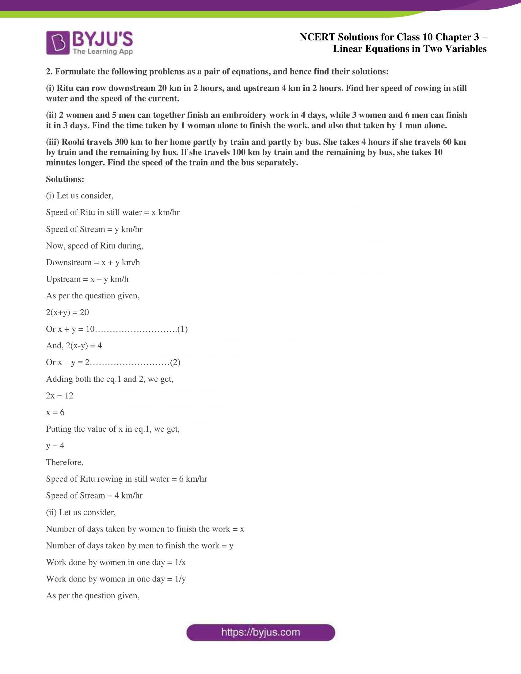 NCERT Solutions for Class 10 Chapter 3 Linear Equations in Two Variables