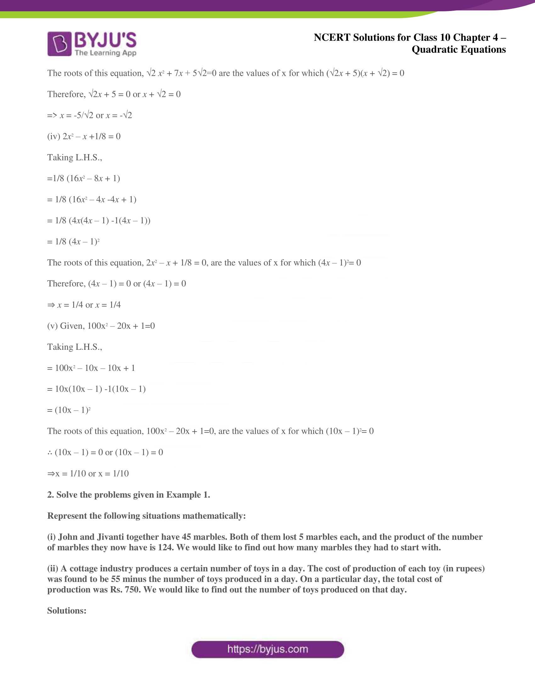 NCERT Solutions for Class 10 Maths Chapter 4 Quadratic Equations NCERT Solutions for Class 10 Maths Chapter 4 Quadratic Equations