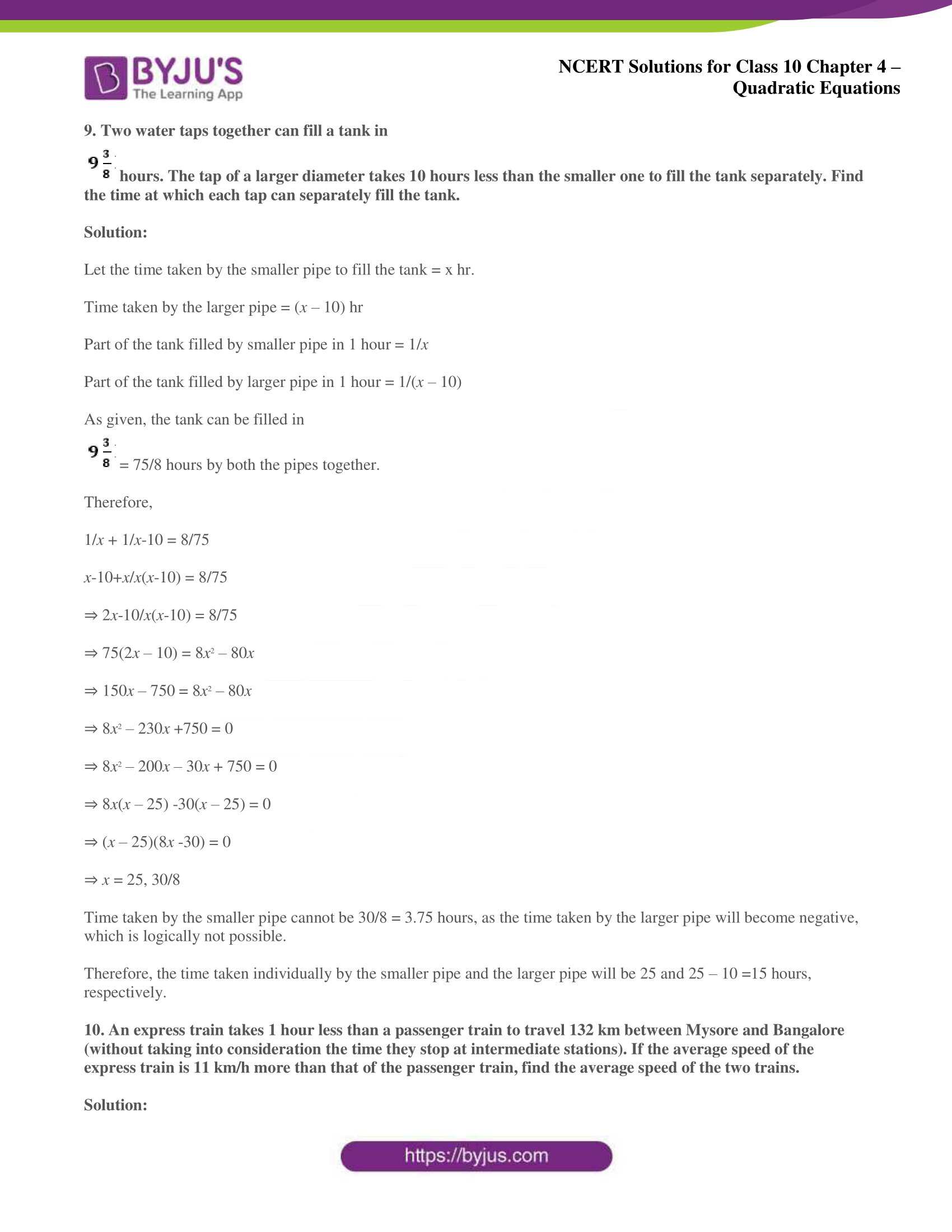 NCERT Solutions for Class 10 Maths Chapter 4 Quadratic Equations NCERT Solutions for Class 10 Maths Chapter 4 Quadratic Equations