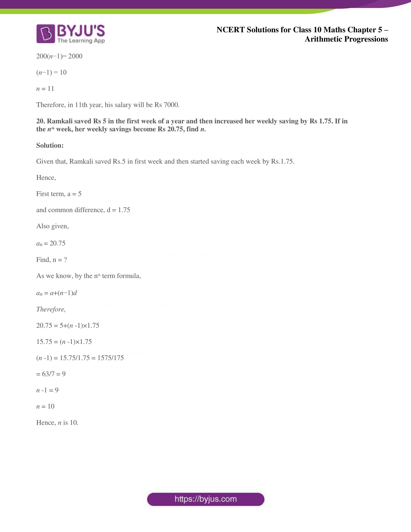 NCERT solutions for Class 10 Maths chapter 5 Arithmetic Progression