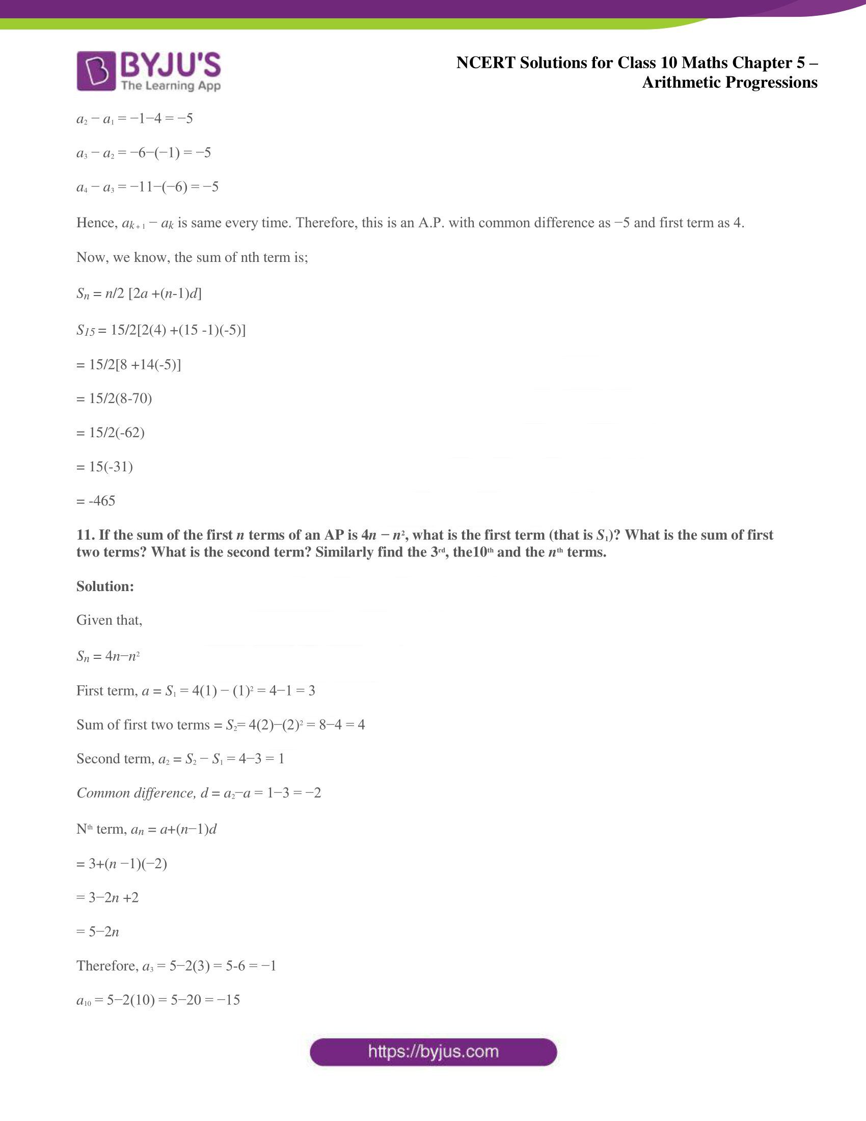 NCERT solutions for Class 10 Maths chapter 5 Arithmetic Progression