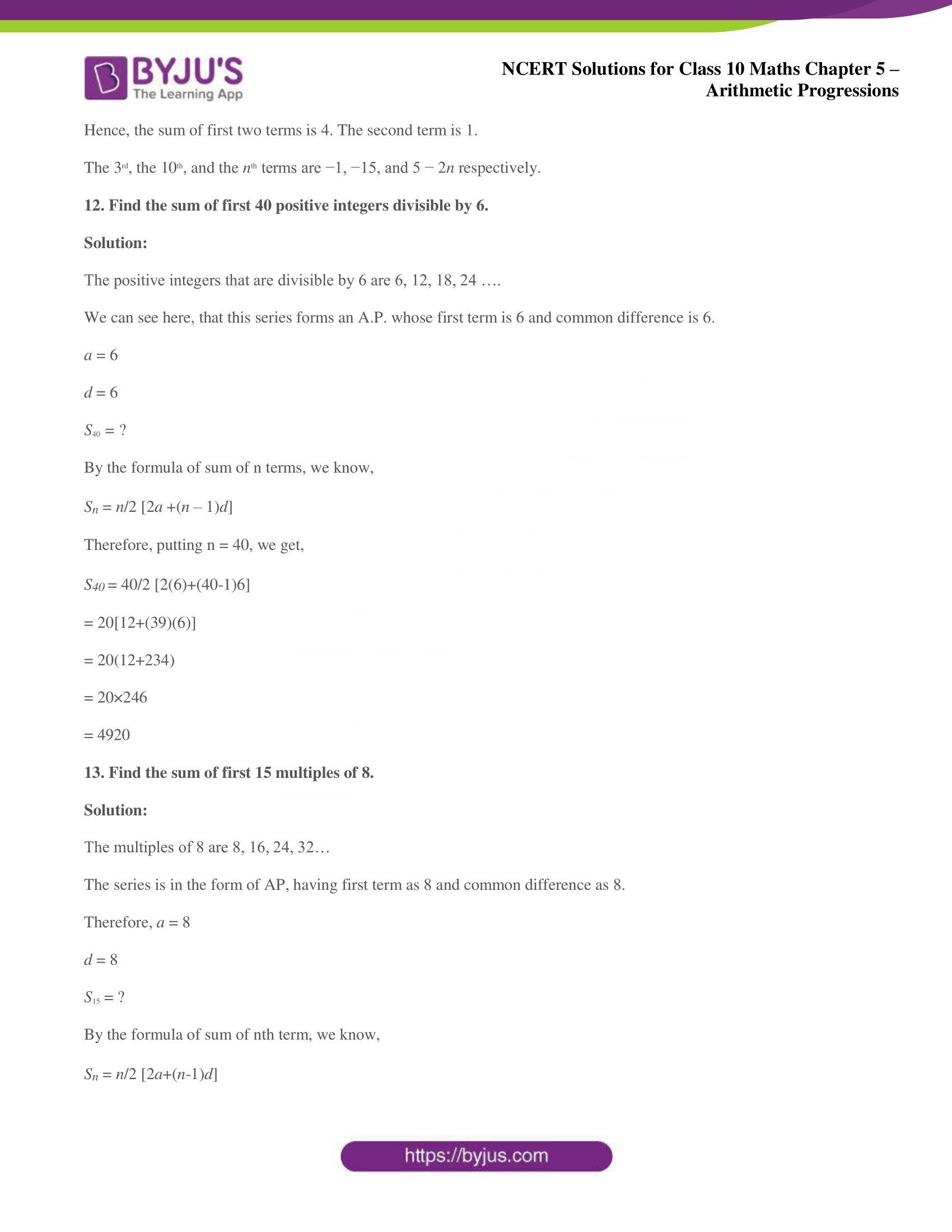 NCERT solutions for Class 10 Maths chapter 5 Arithmetic Progression